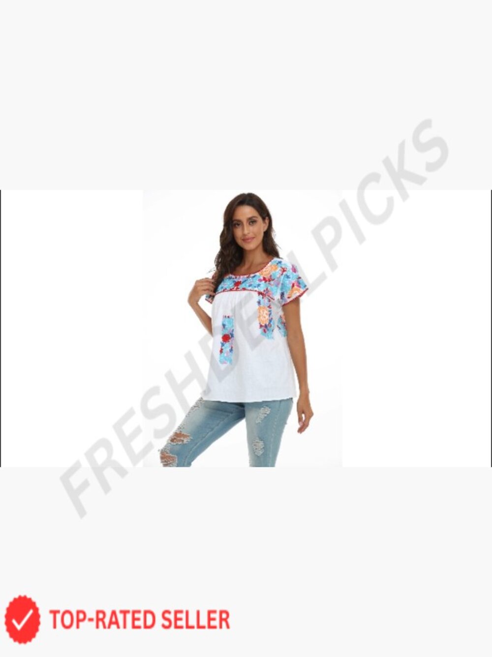 Mexican Embroidered Tunic Cold Shoulder V-Neck Boho Chic Summer Blouse - Picture 7 of 7